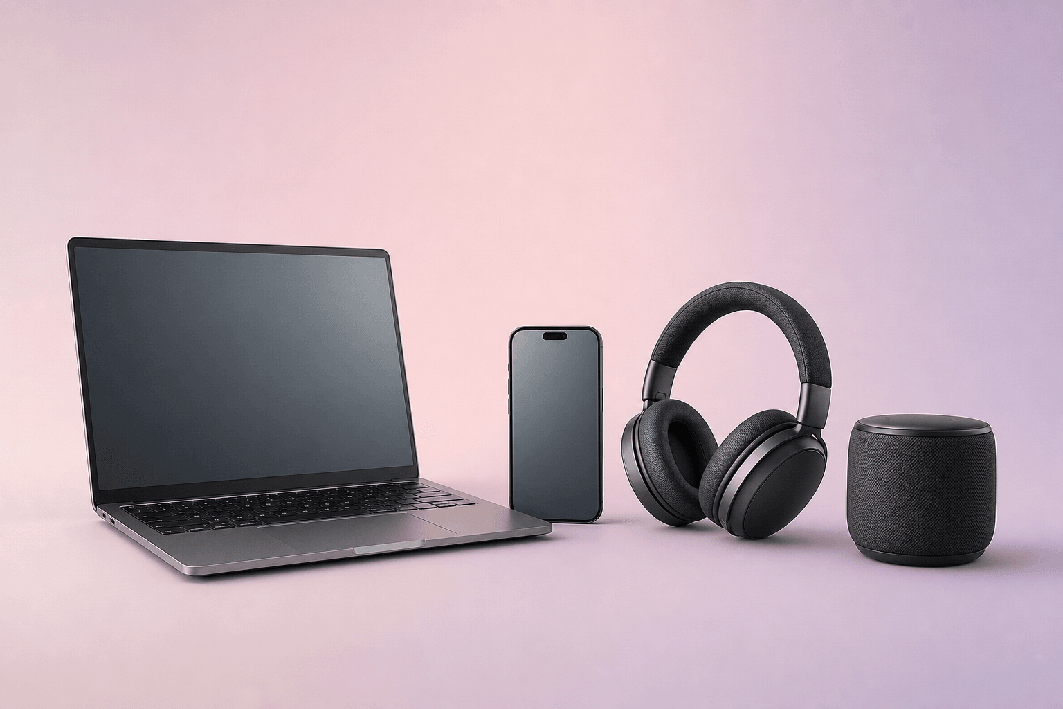 Catalogusset met laptop, smartphone, hoofdtelefoon en speaker