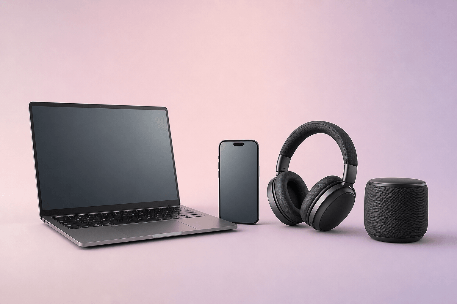 Catalogusset met laptop, smartphone, hoofdtelefoon en speaker