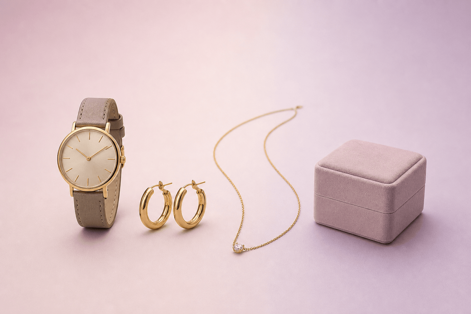 Catalogusset met horloge, oorbellen, ketting en sieradendoosje