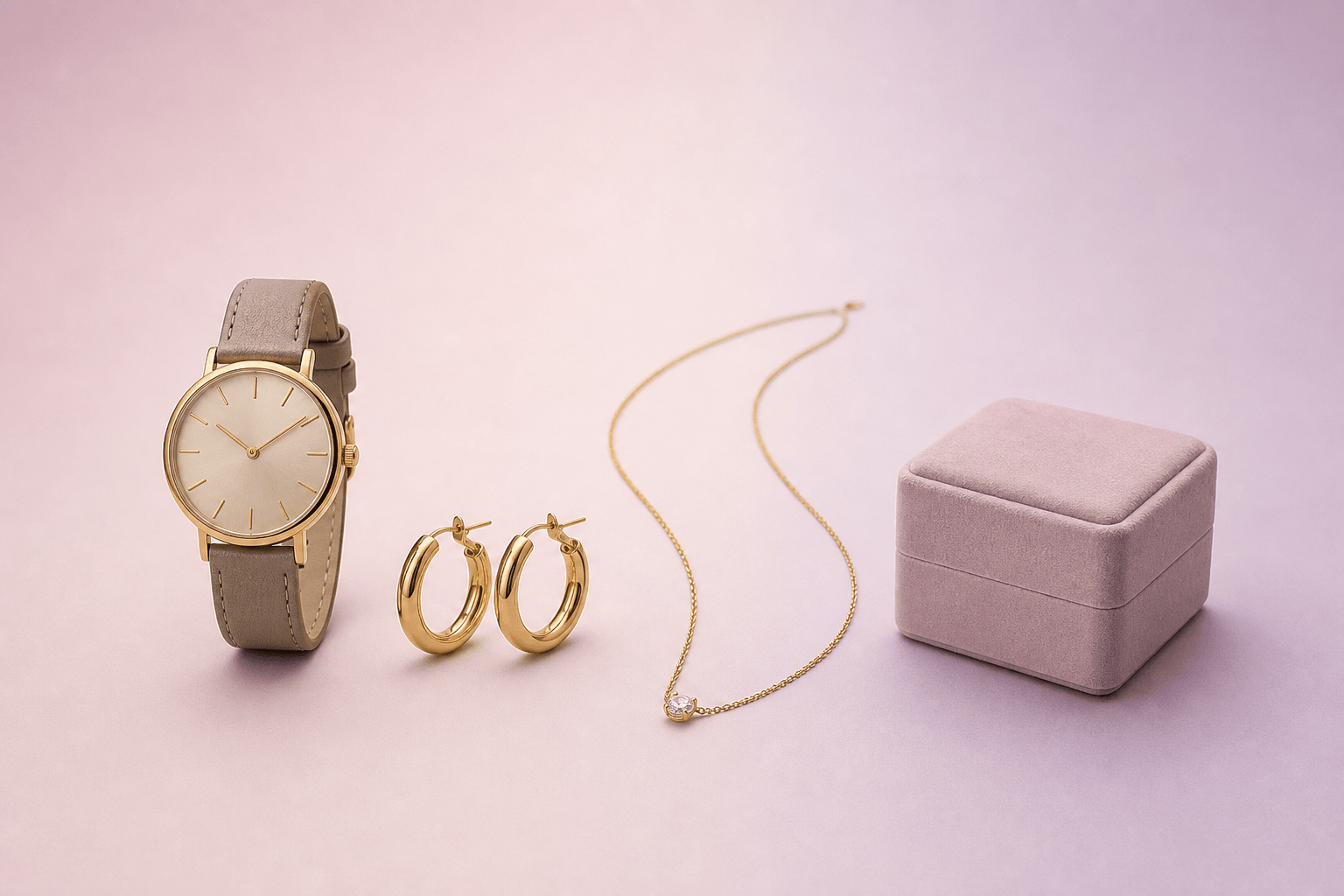 Catalogusset met horloge, oorbellen, ketting en sieradendoosje
