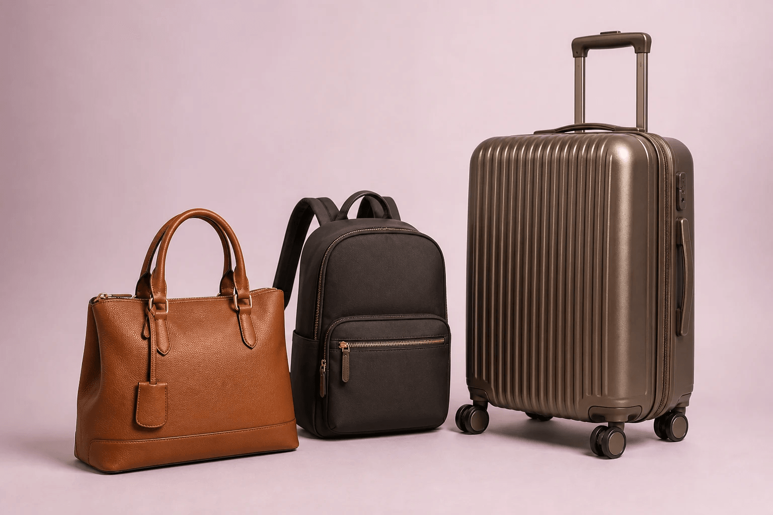 Set met tas, rugzak en koffer in onderlinge verhouding