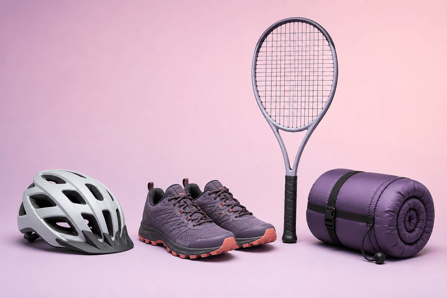 Catalogusset met helm, hardloopschoenen, tennisracket en slaapzak