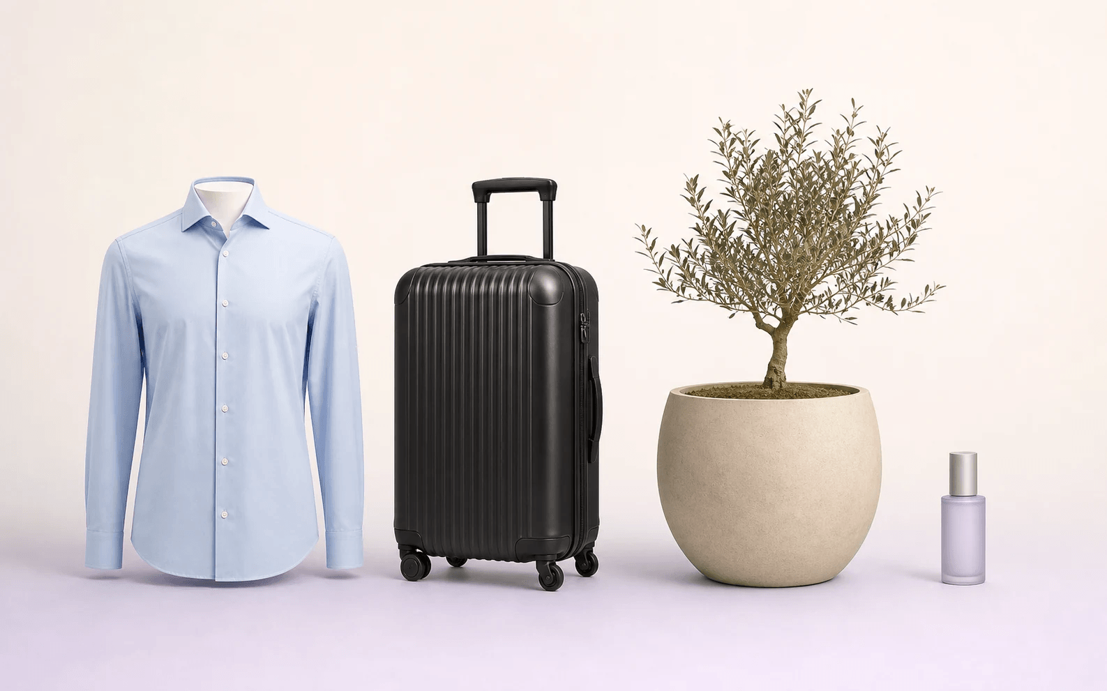 Kleding, koffer, plantenpot en cosmeticaproduct op herkenbare onderlinge schaal