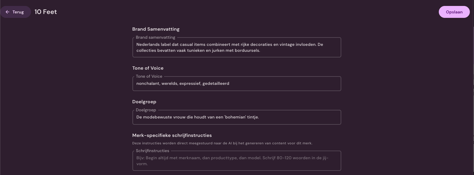Merkprofiel in Photopilot met tone of voice, doelgroep en schrijfinstructies