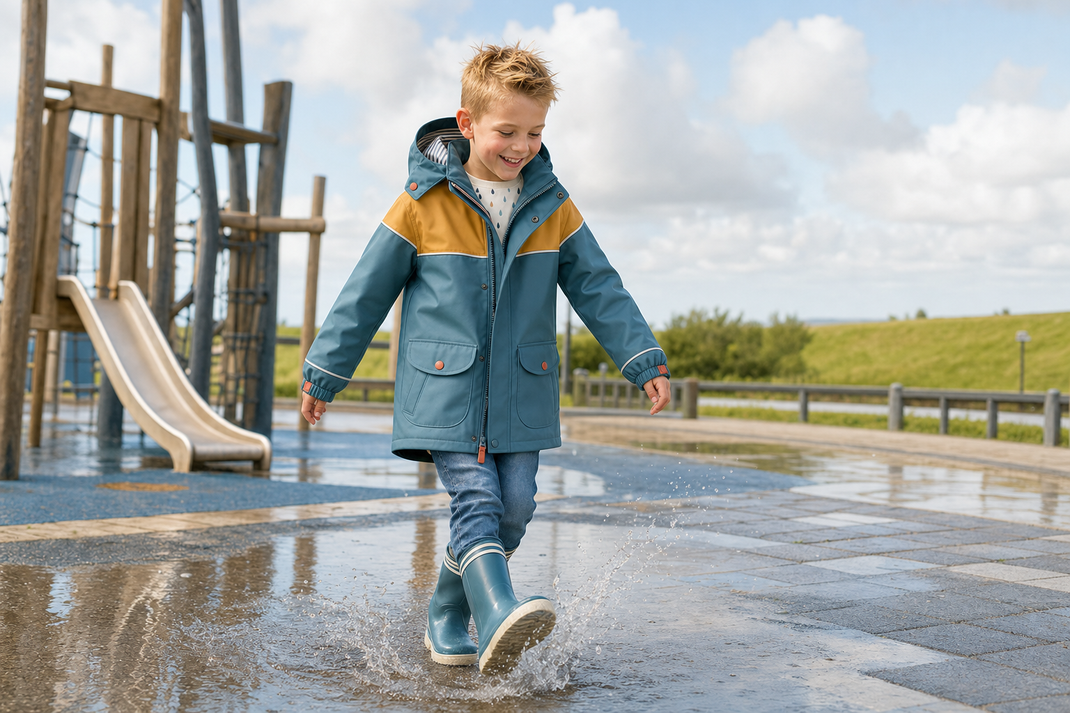 Volledig gegenereerd Nederlands kind in de speeltuin met regenjack, broek en laarzen