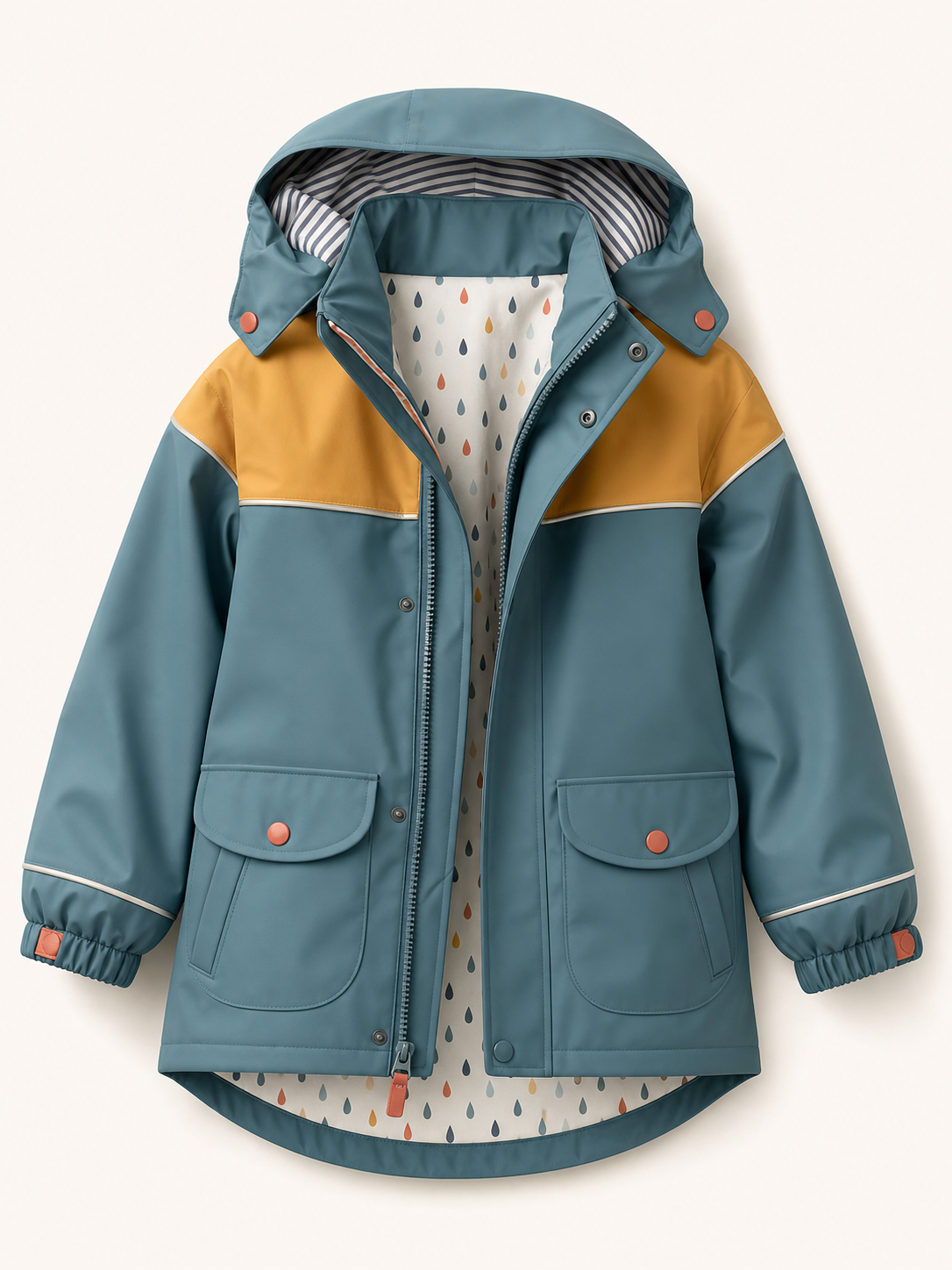 Gedetailleerd packshot van een blauwgroen kinderregenjack met okergeel schouderpaneel