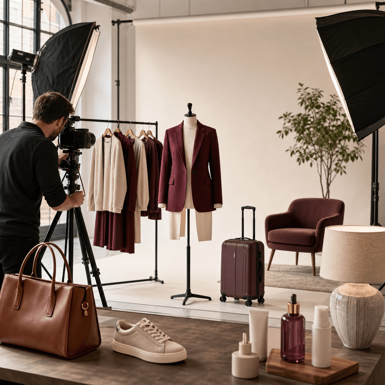 E-commerce studio met fashion, tassen, schoenen, koffers, beautyproducten en interieur