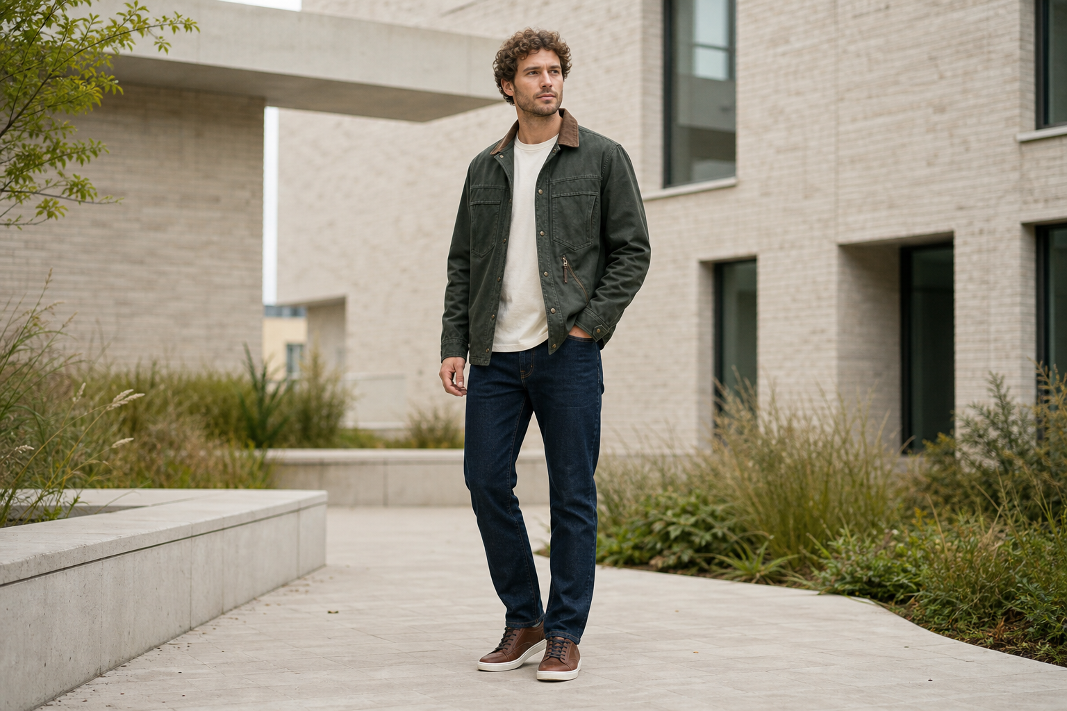 Volledig gegenereerd modelbeeld met het donkergroene overshirt en complete herenoutfit