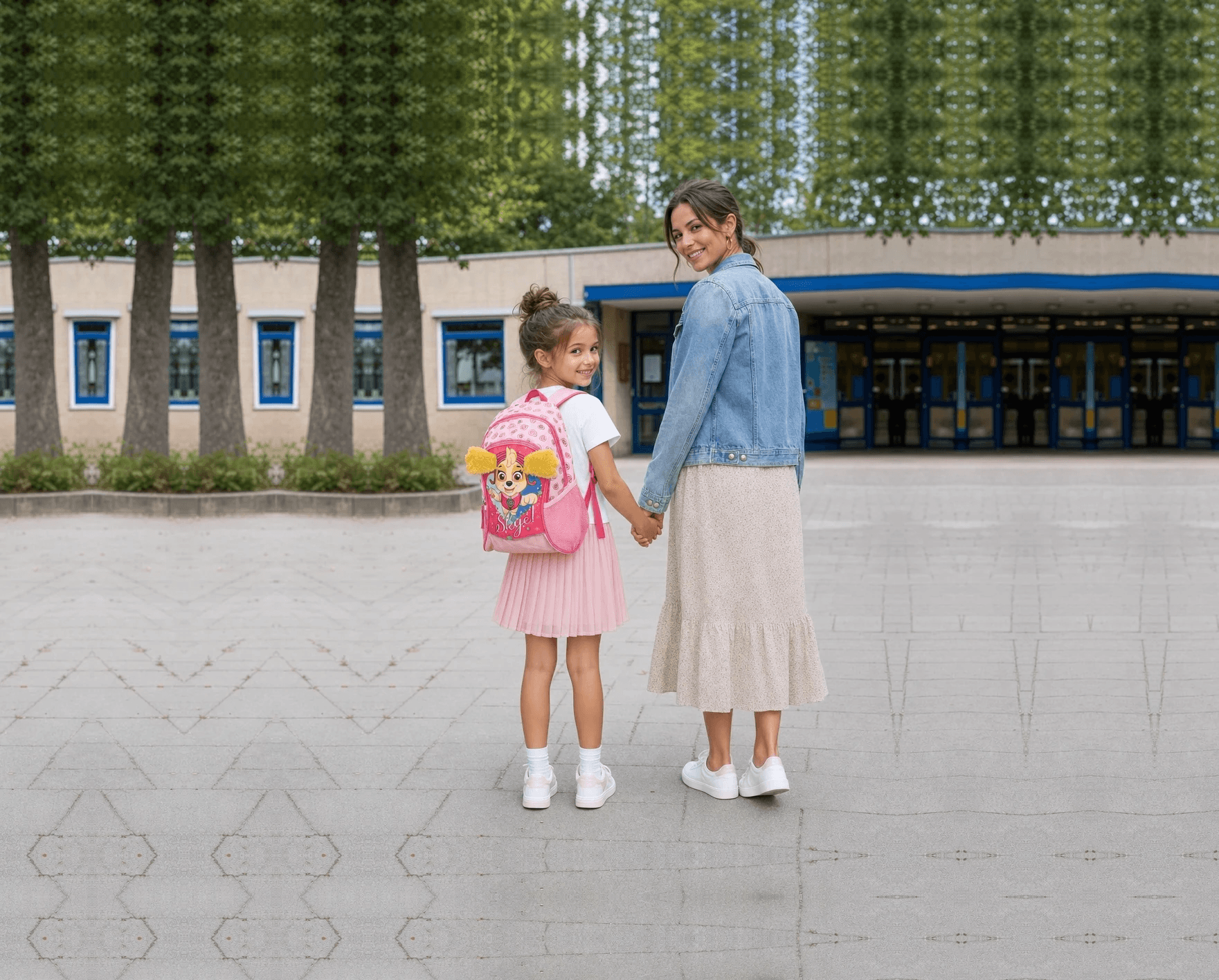 Recent AI-modelbeeld van een kind met een roze Paw Patrol-rugzak