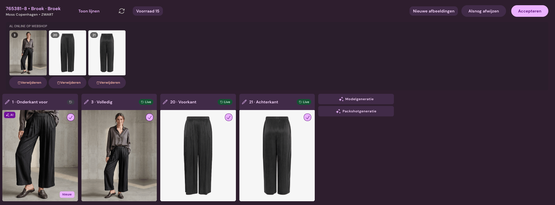 Photopilot-artikelweergave met modelbeeld, AI-packshot, vooraanzicht, achteraanzicht en live status