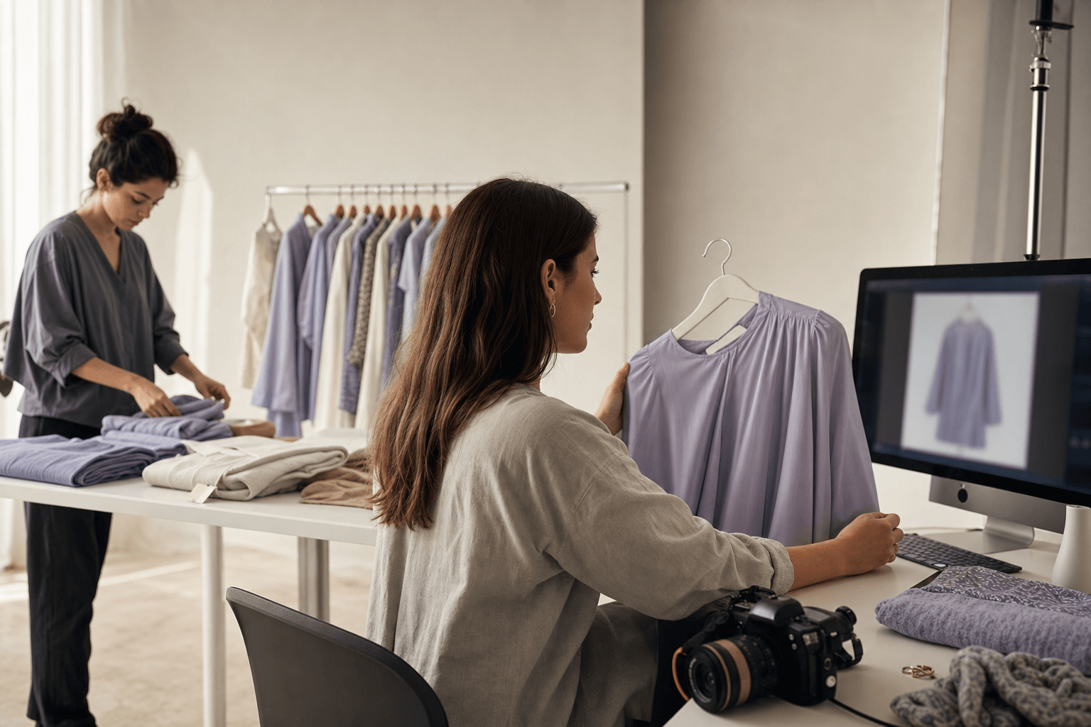 Fashionteam controleert leveranciersbeeld voor een nieuwe collectie