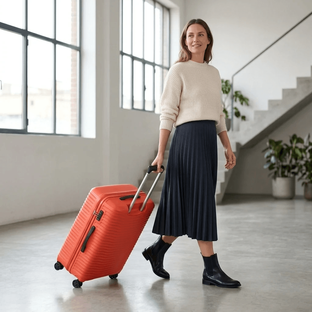 Vrouw met rode Samsonite-koffer in een lichte reisomgeving