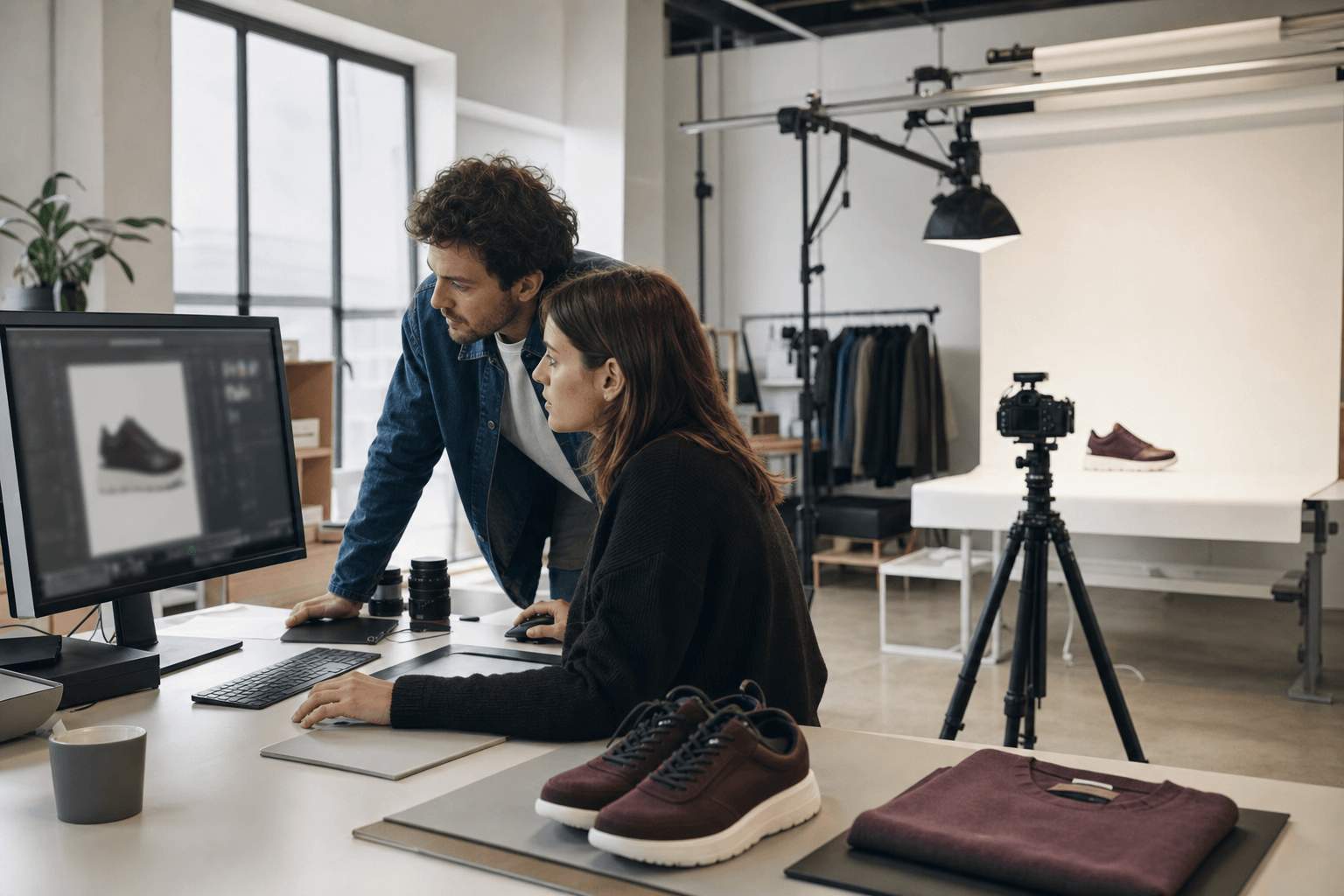 Packshotteam controleert productbeeld in de studio