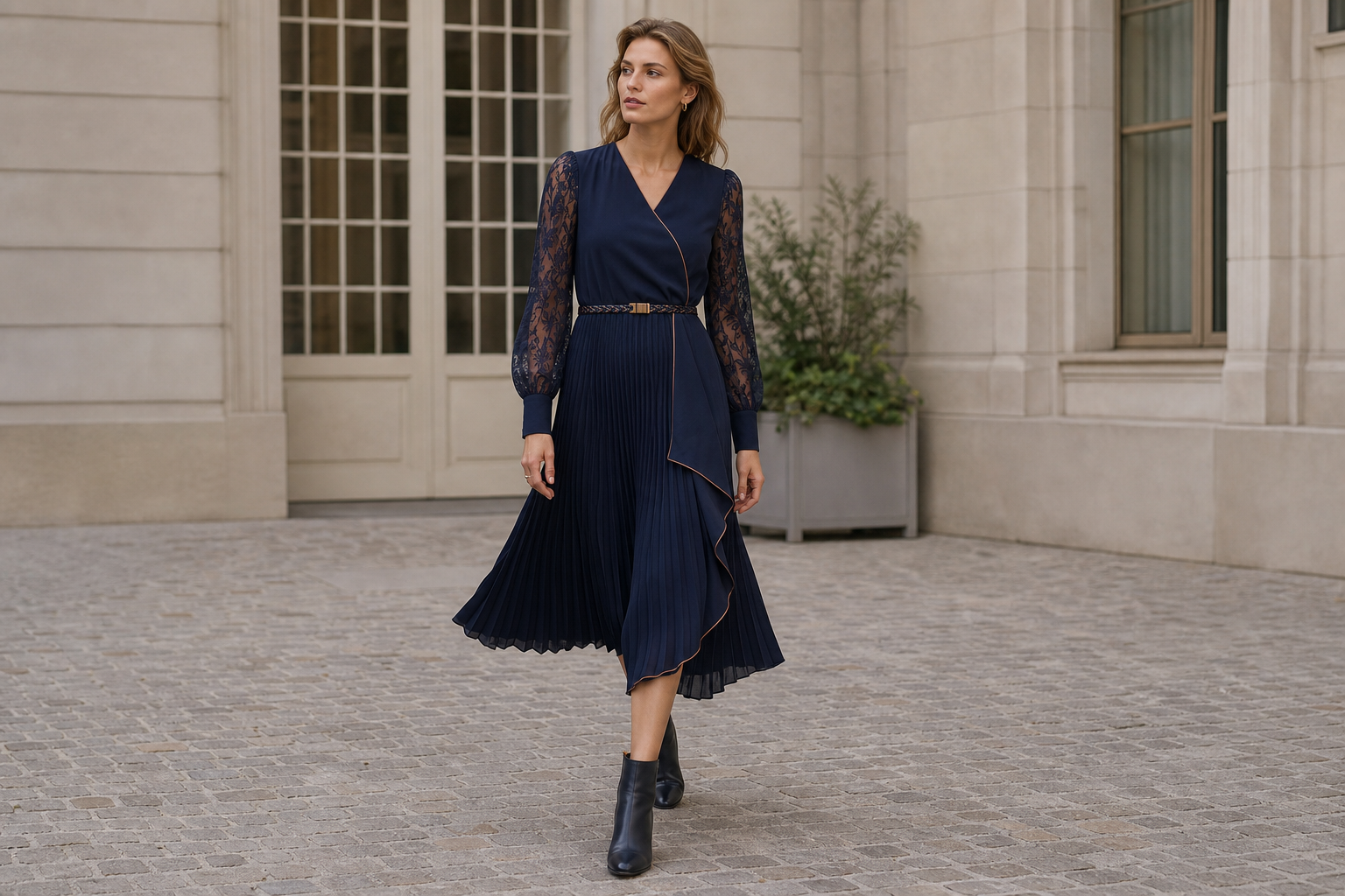 Volledig gegenereerd modelbeeld met de nachtblauwe midi-jurk als complete damesoutfit